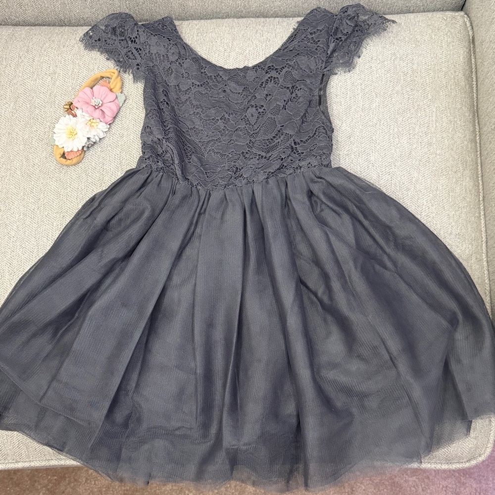 WORN ONCE! 3t Elegant Dusty Blue/Gray Lace + Tulle Dress + Floral Headband
